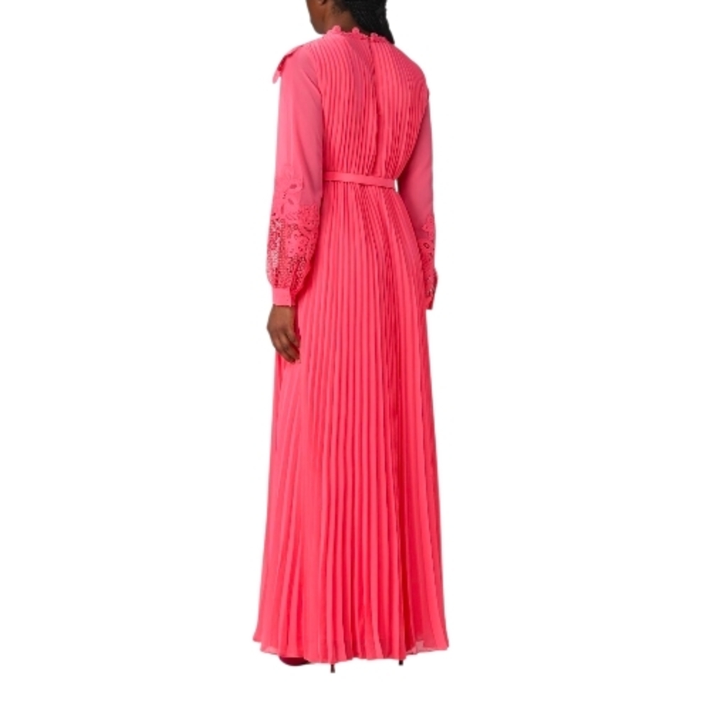 Self-Portrait Coral Pink Chiffon Lace Bib Maxi Pleated Dress – Size US 6 NWT - Picture 3 of 10